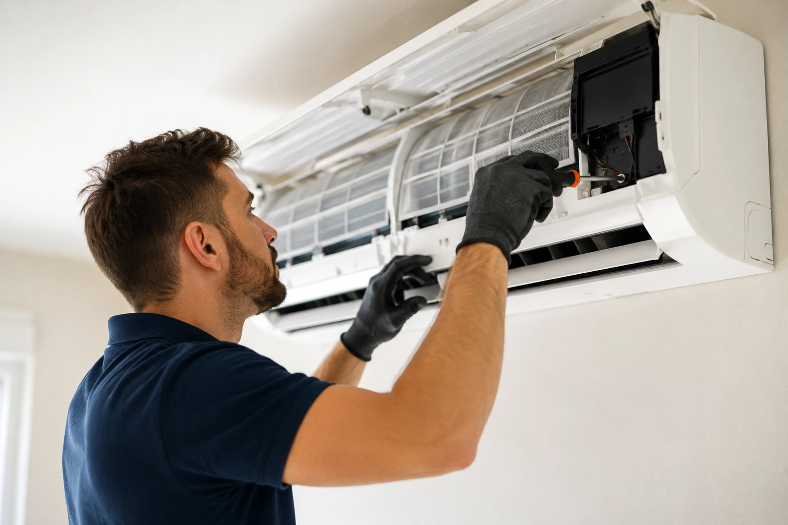 Maintenance technician repairing a rental home fixture, illustrating the upkeep burden of self-managing one Irvine rental
