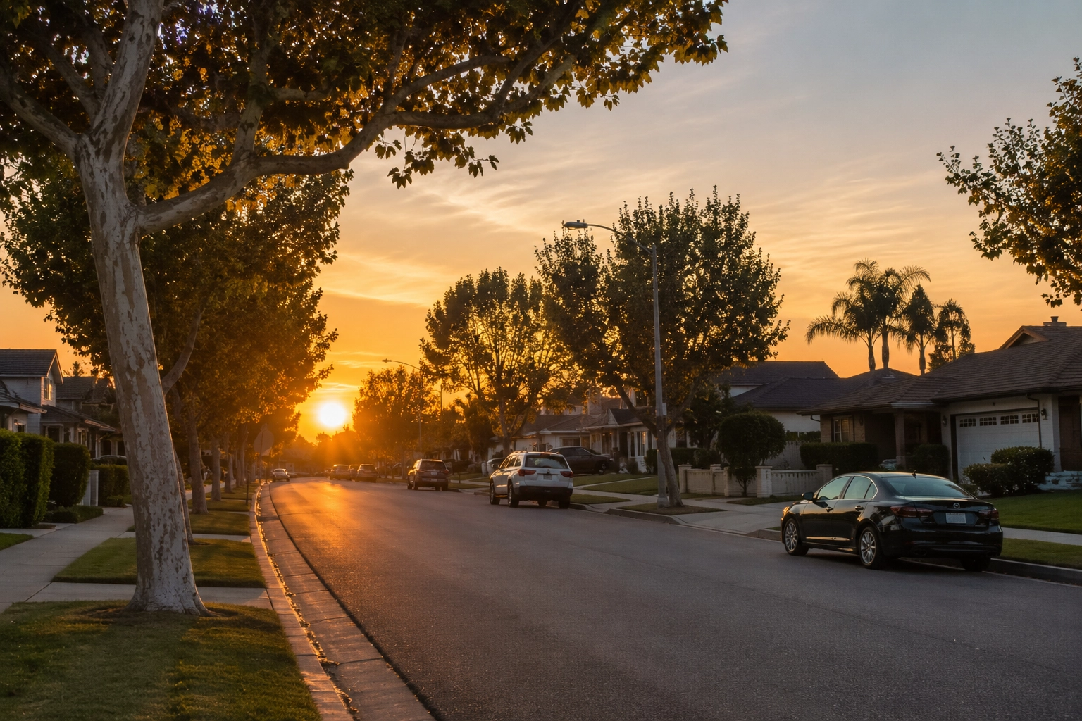 Tree-lined Orange County street at sunset near a Fountain Valley rental property