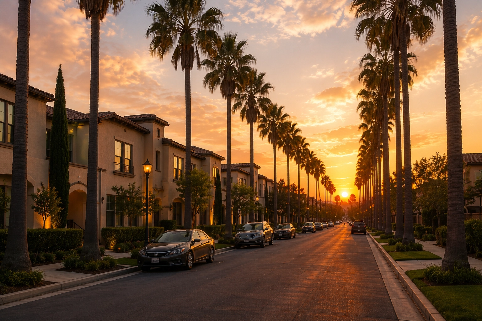 Palm-lined Orange County street at sunset near an Irvine rental property