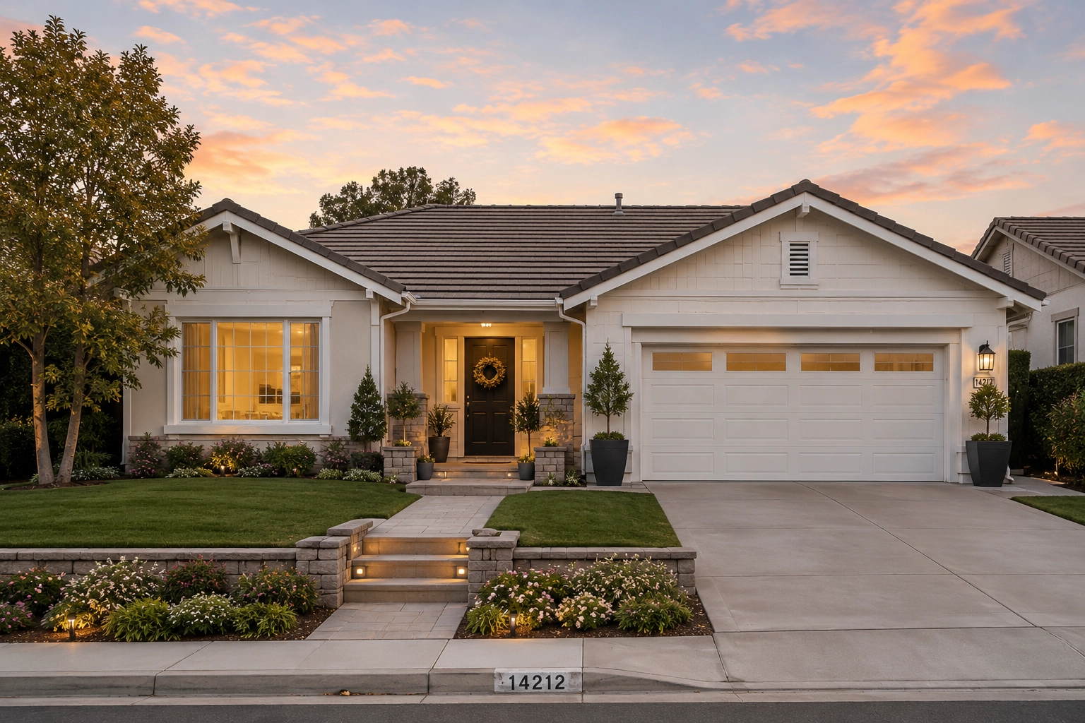 Tree-lined Orange County street at sunset near a Tustin rental property