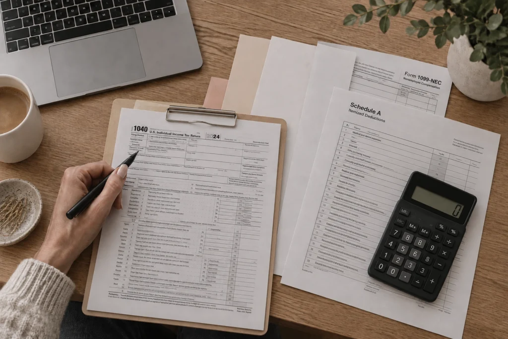 Desk with calculator and financial statements for a year-end rental property tax review