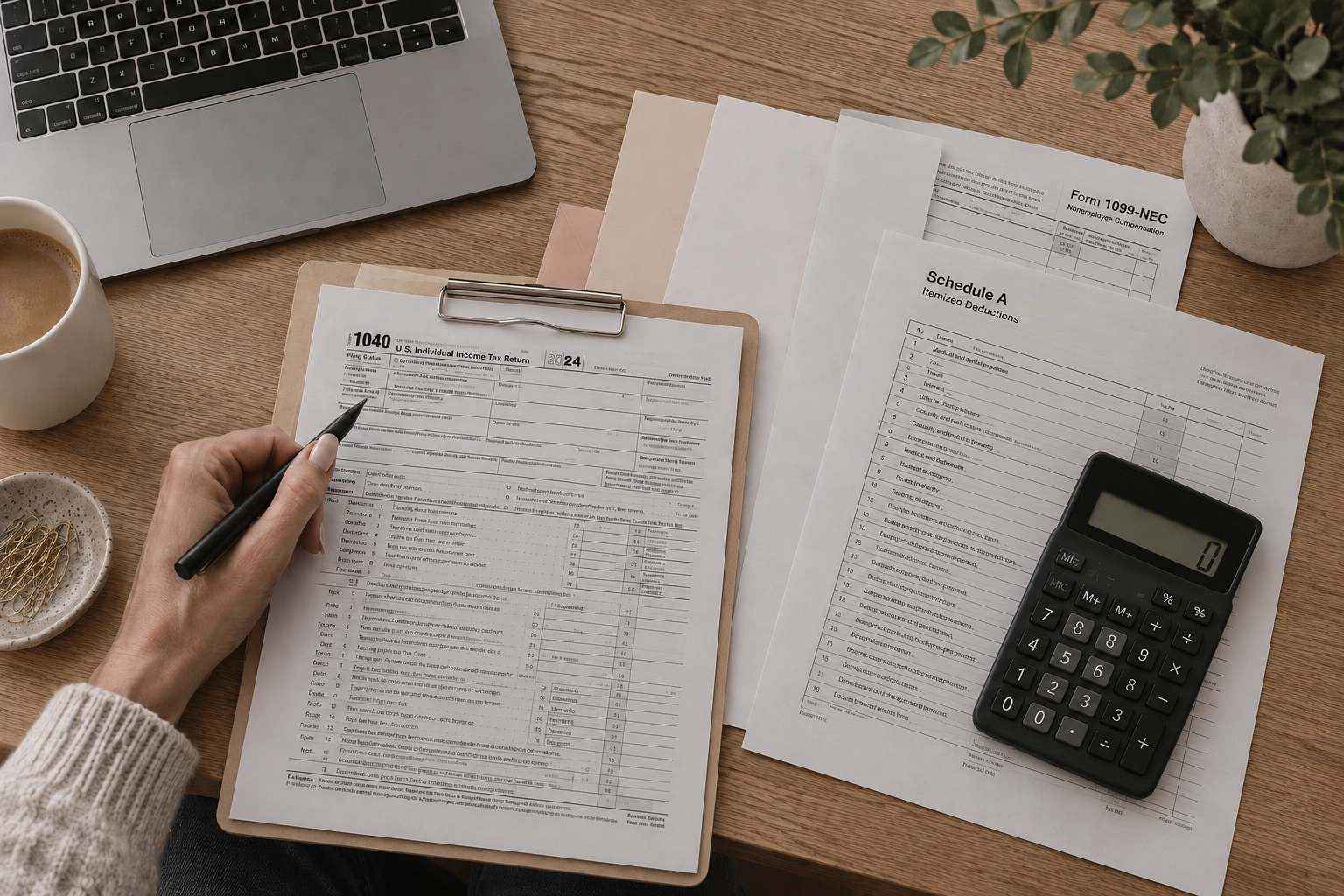 Desk with calculator and financial statements for a year-end rental property tax review